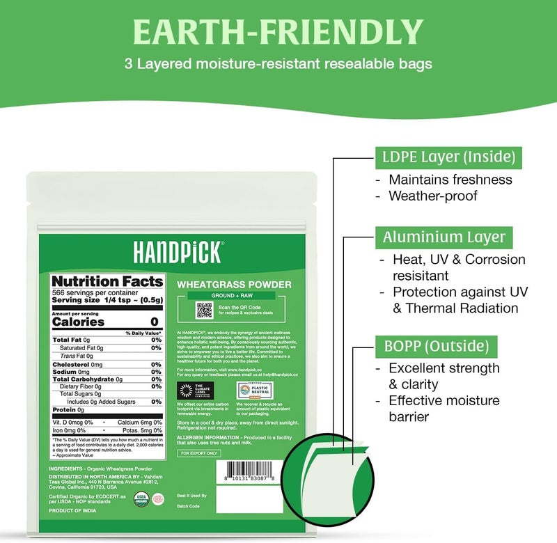 Handpick مسحوق عشب القمح العضوي من هاندبيك - 10 أونصات خالي من الجلوتين مسحوق أخضر غني - Image 2